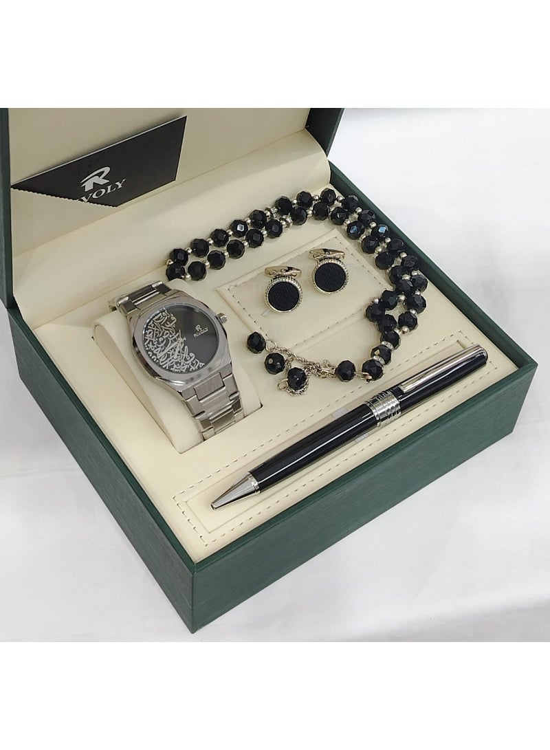 A men's set from the Rivoly brand consisting of a wristwatch decorated with Arabic inscriptions, a pen, a rosary, and a pair of cufflinks in a luxurious gift box.